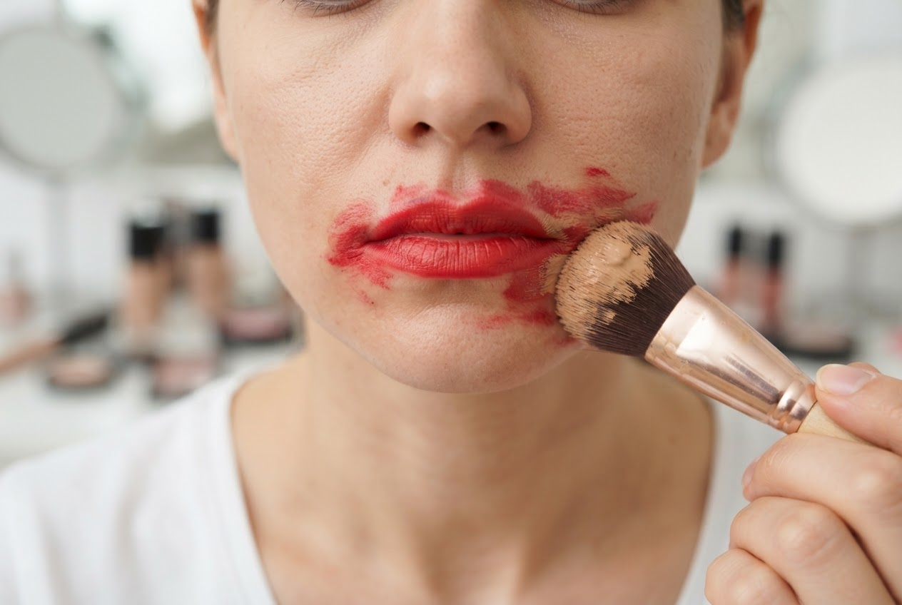 A face with lipstick applied and then foundation being applied over it, causing the lipstick to smear onto the skin around the mouth.
