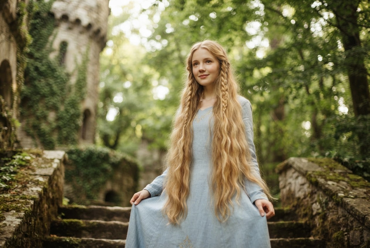 A young woman with long golden hair in a fairy-tale setting, wearing a simple dress, surrounded by soft light.