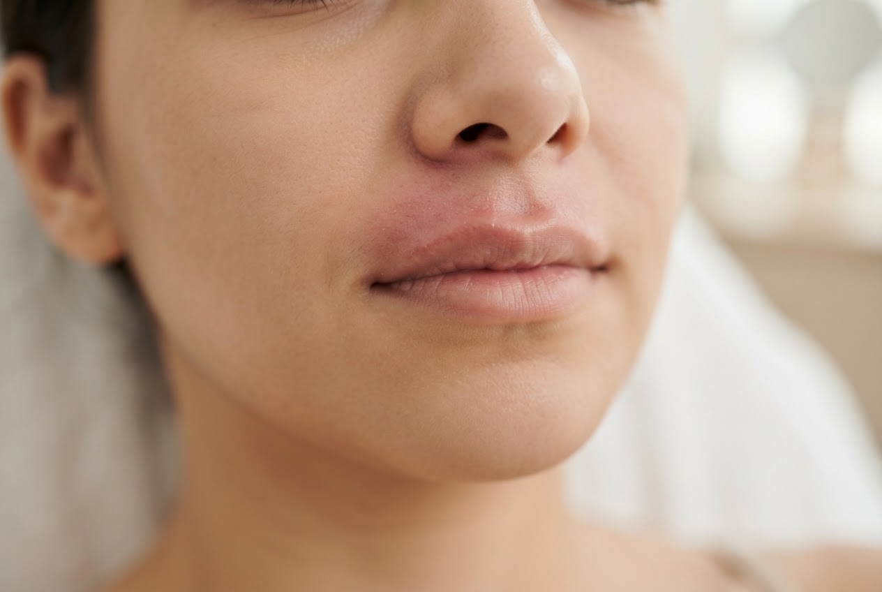 A close-up of a woman's upper lip after threading, showing mild redness but no broken skin.
