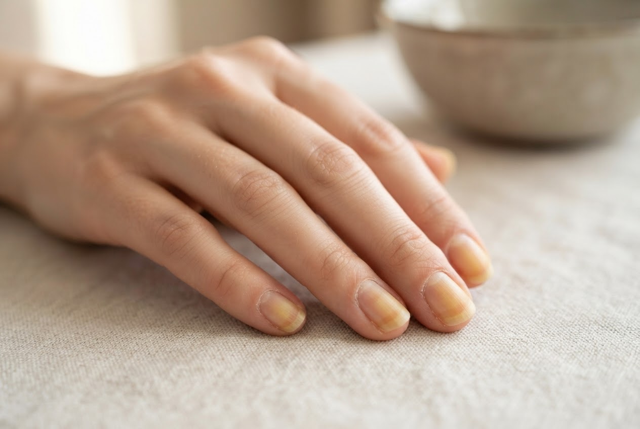 Close-up of a woman's hand with yellowish nails after removing dark red nail polish.
