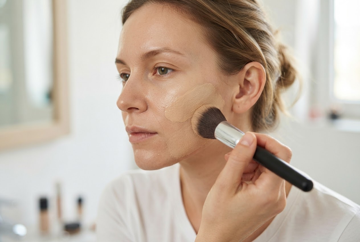A woman applying foundation with a brush to her cheek, starting from the center of the face outward.