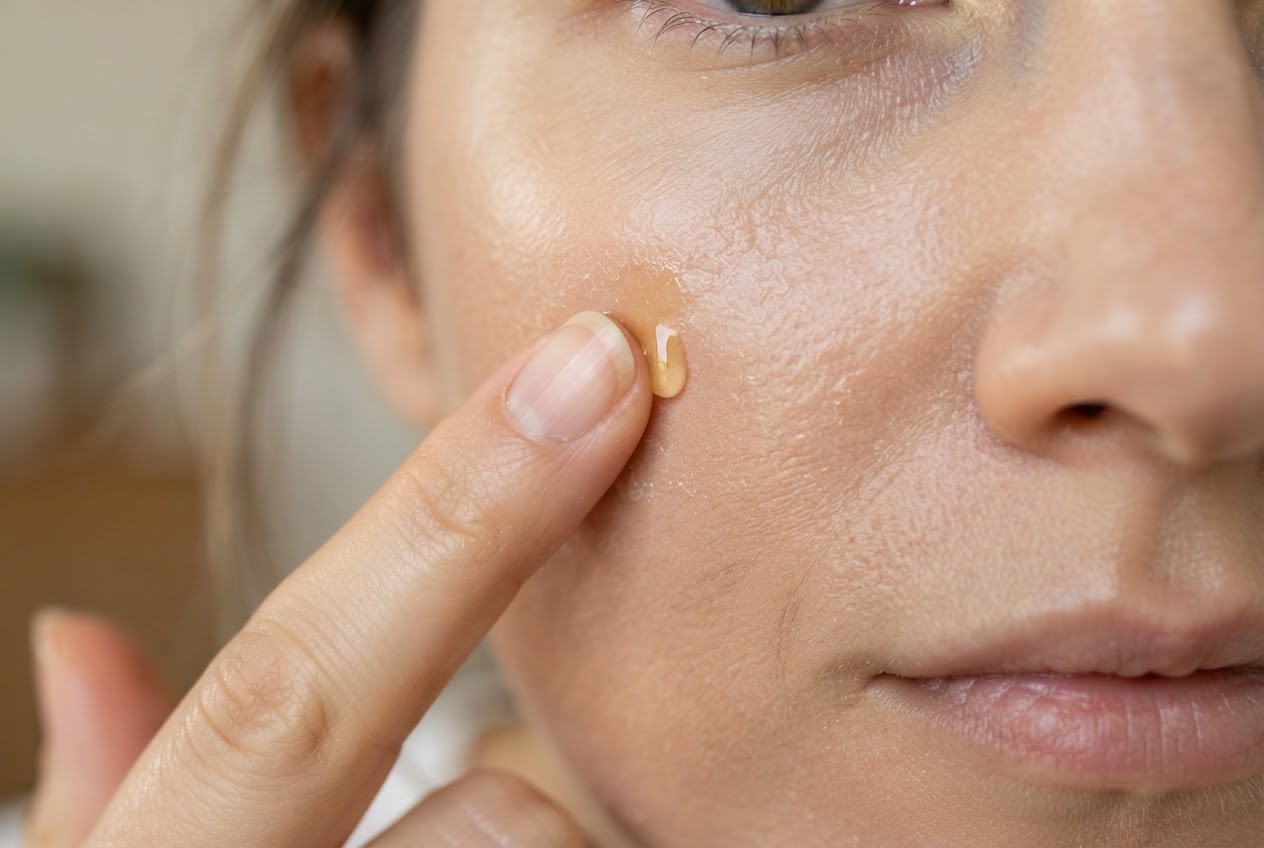 A finger pressing a drop of facial oil onto a dry patch of makeup and gently tapping it.