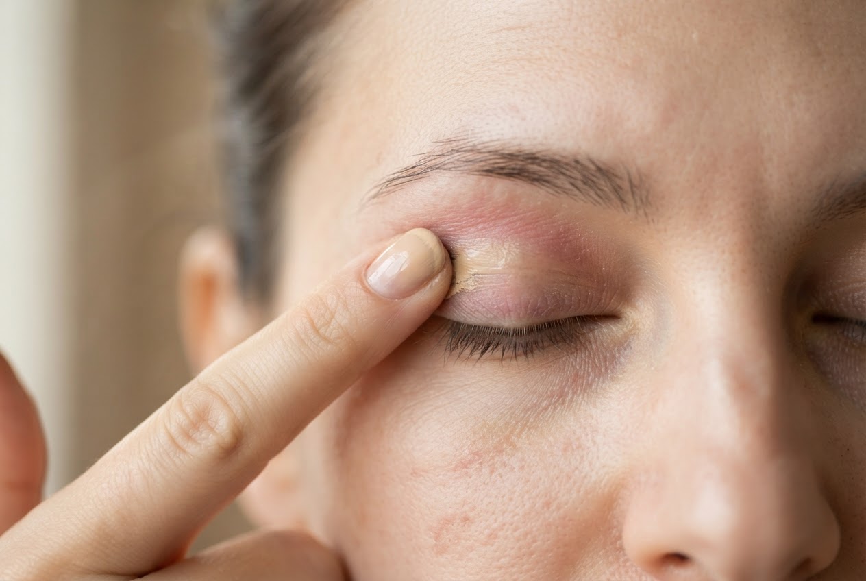 A finger dabbing creamy concealer onto an eyelid to cover redness.