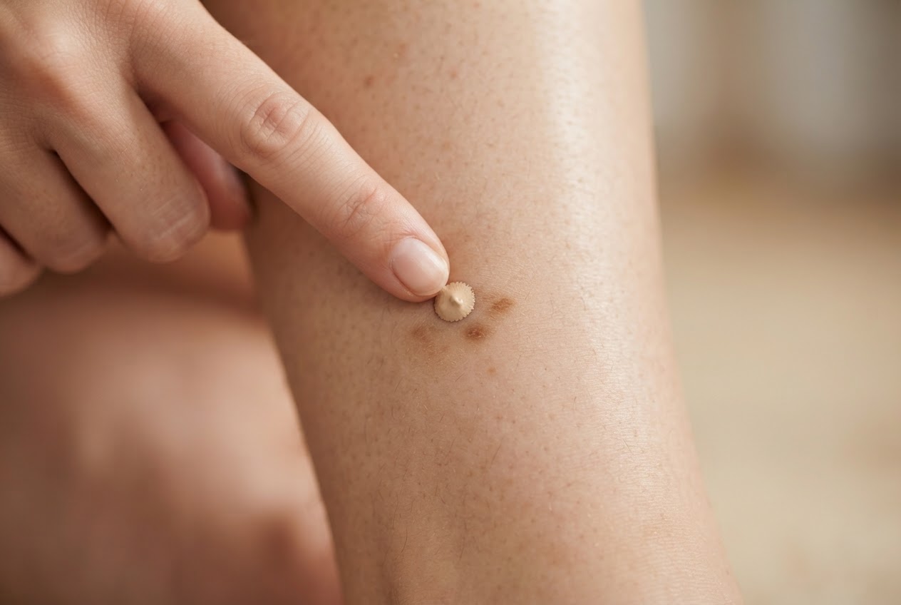A finger gently dabbing a small amount of concealer onto a pigmented spot on a leg, with soft tapping motion.