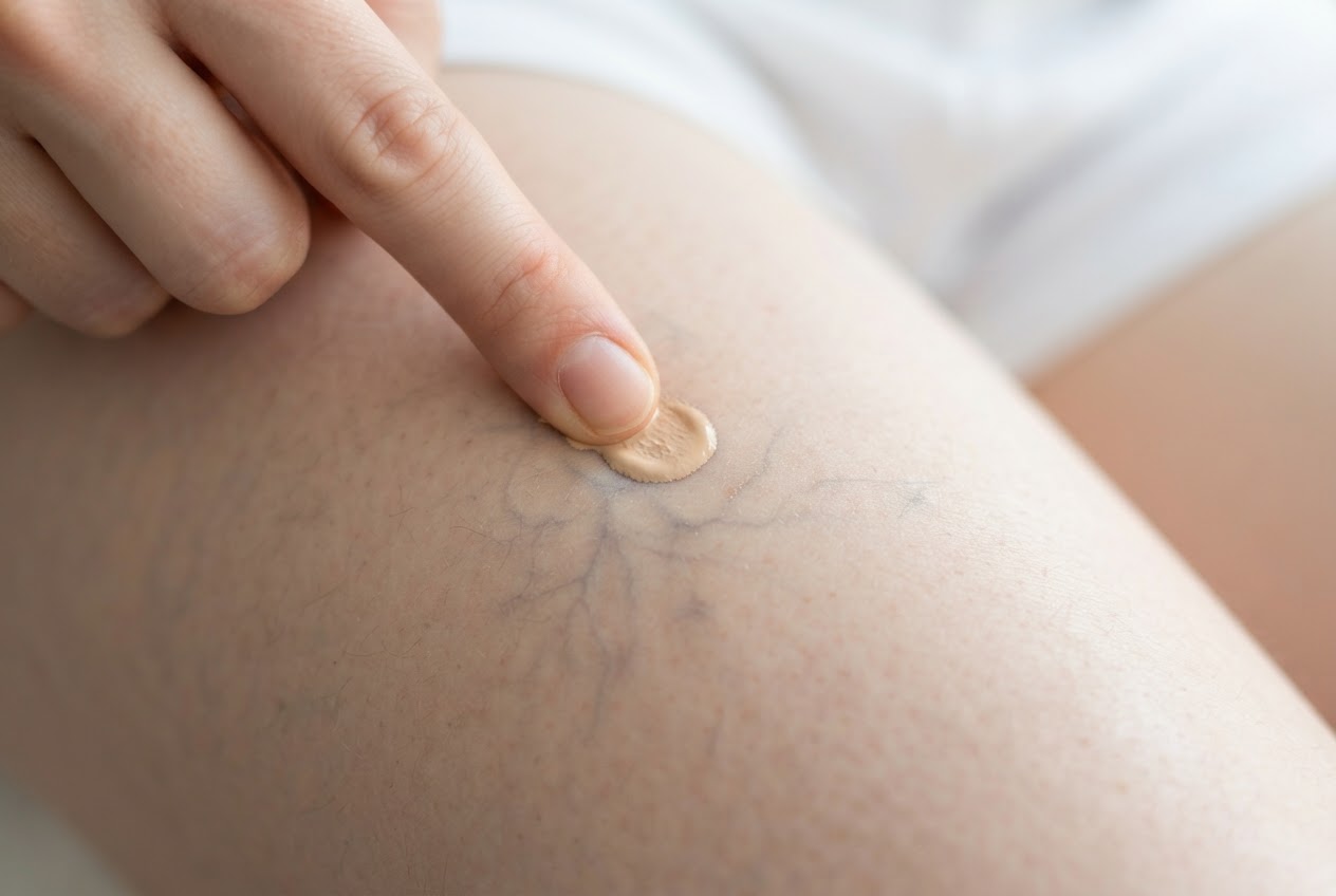 A finger blending a small amount of cream concealer over a thin spider vein on a thigh.