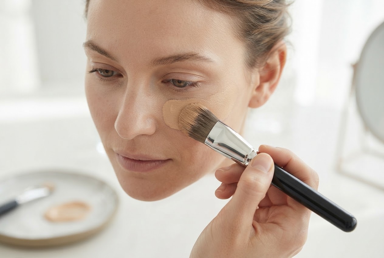 A flat foundation brush with synthetic bristles applying foundation to a face.