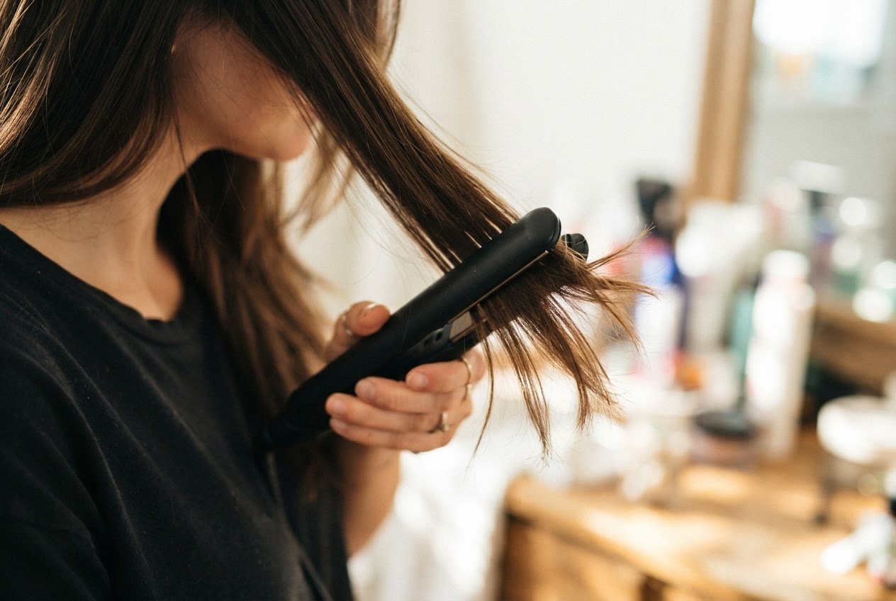 A flat iron being used on brown hair, with visible dry and split ends.