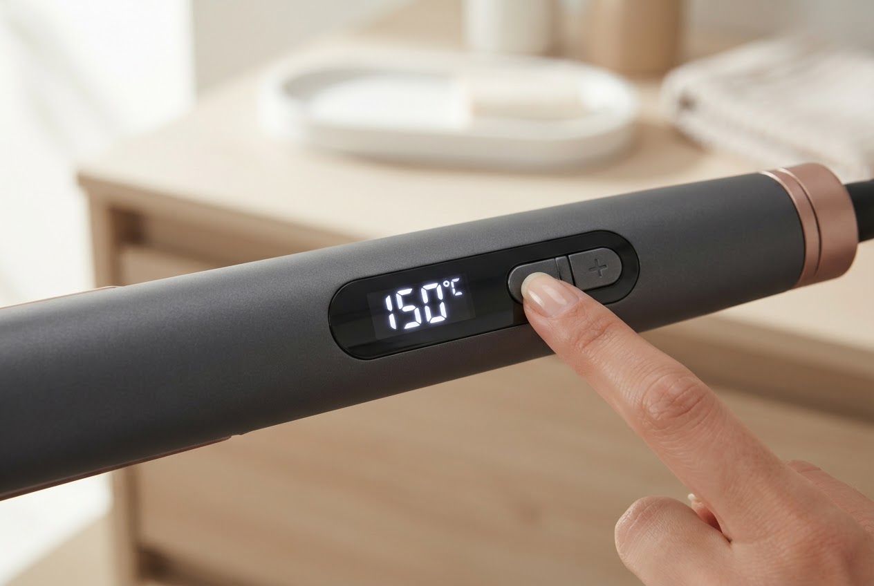A flat iron with a digital temperature display showing a low value, and a hand adjusting the controls.