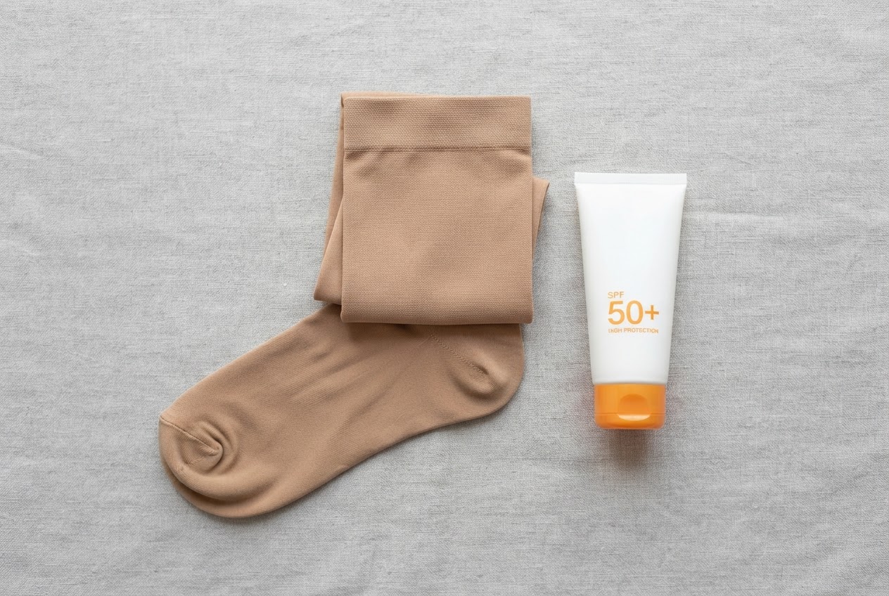 A hand holding a modern skin-colored compression stocking and a sunscreen bottle with high SPF.