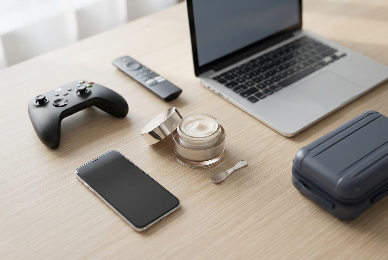 Flat lay of an iPhone, Xbox controller, TV remote, laptop, and a small suitcase with a cosmetic cream.