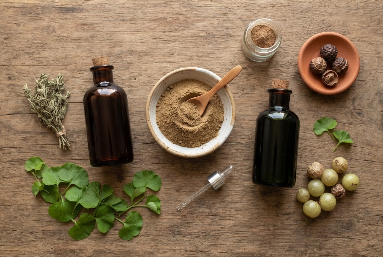 A flat lay of Ayurvedic hair care ingredients including amla powder, Bhringaraj oil, Brahmi oil, and a small bowl of oil.