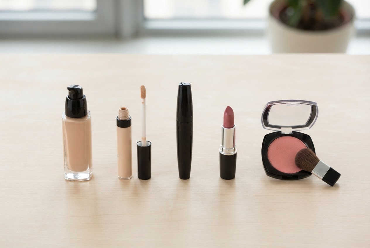 A flat lay of five essential makeup products: foundation, concealer, mascara, lipstick, and blush, arranged neatly on a clean surface.