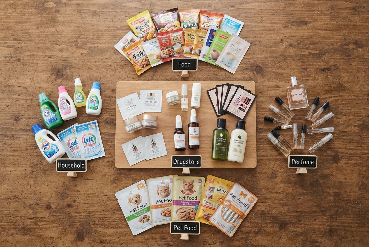 Flat lay of five categories of free samples: food, drugstore, perfume, pet food, household, with cosmetics in the center.