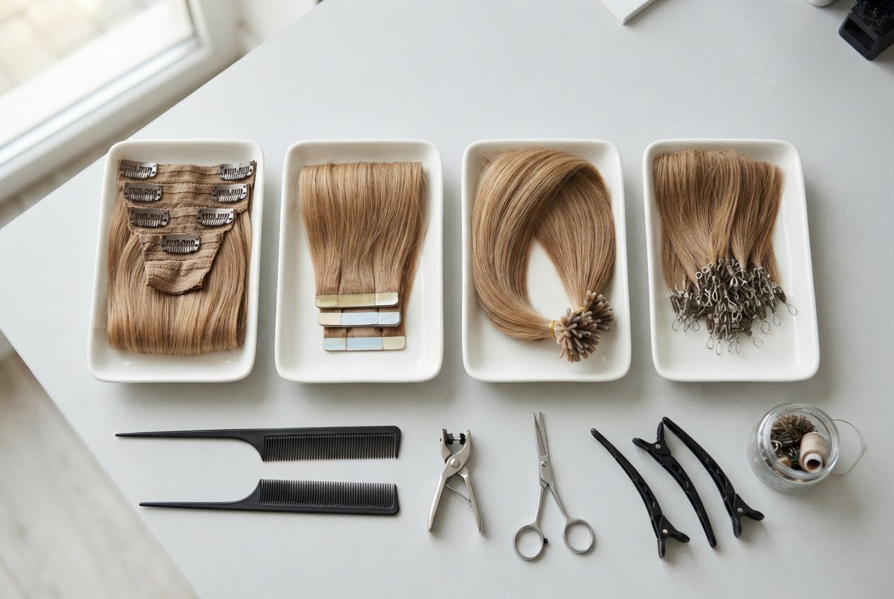 Vier verschiedene Extensions-Methoden: Clips, Tape, Keratin und Microrings.