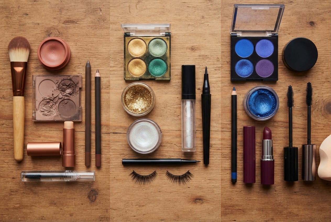 A flat lay of makeup products and tools representing the three 70s styles: natural tones, glittery eyeshadows, and bold blue colors.