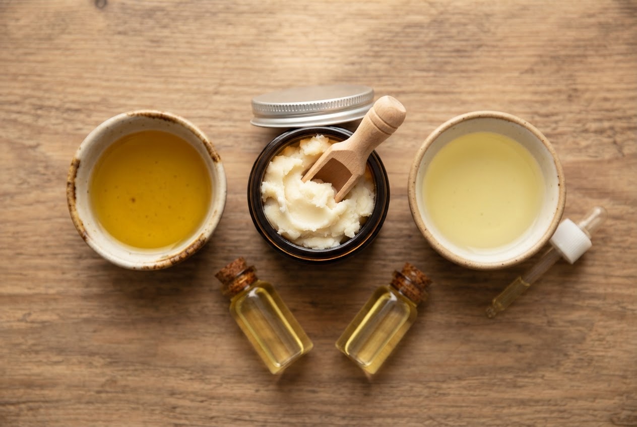 Flat lay mit Sheabutter, Mandelöl, Jojobaöl und einer Dose Handcreme