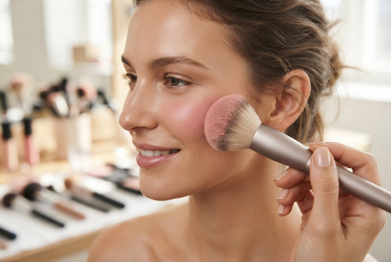 A fluffy blush brush applying powder to the apple of a cheek.