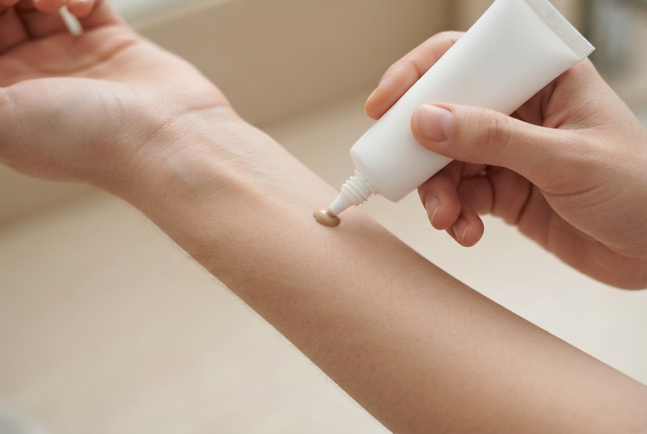 A person applying a small dot of makeup product on the inside of their forearm as a patch test.