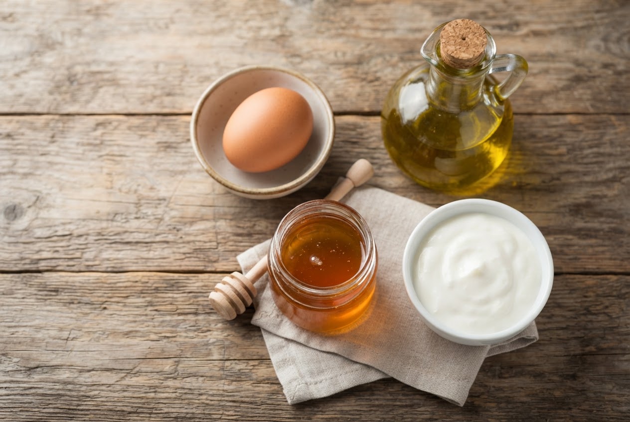 Flat lay of a fresh egg, a small bottle of olive oil, a jar of honey, and a bowl of yogurt on a wooden table.