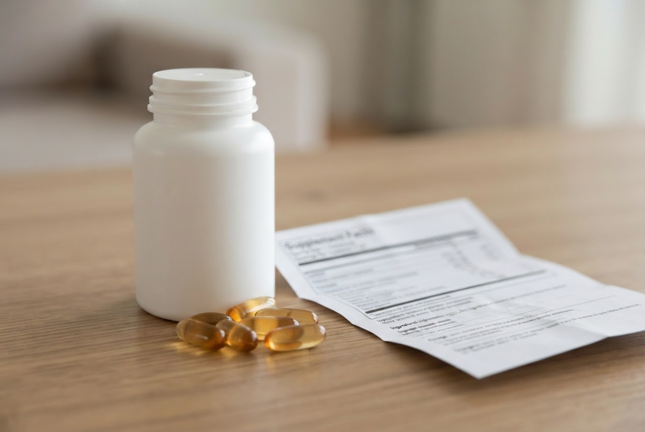 Close‑up of a supplement bottle with capsules and a leaflet listing ingredients, including amino acids, iron, selenium, and collagen.