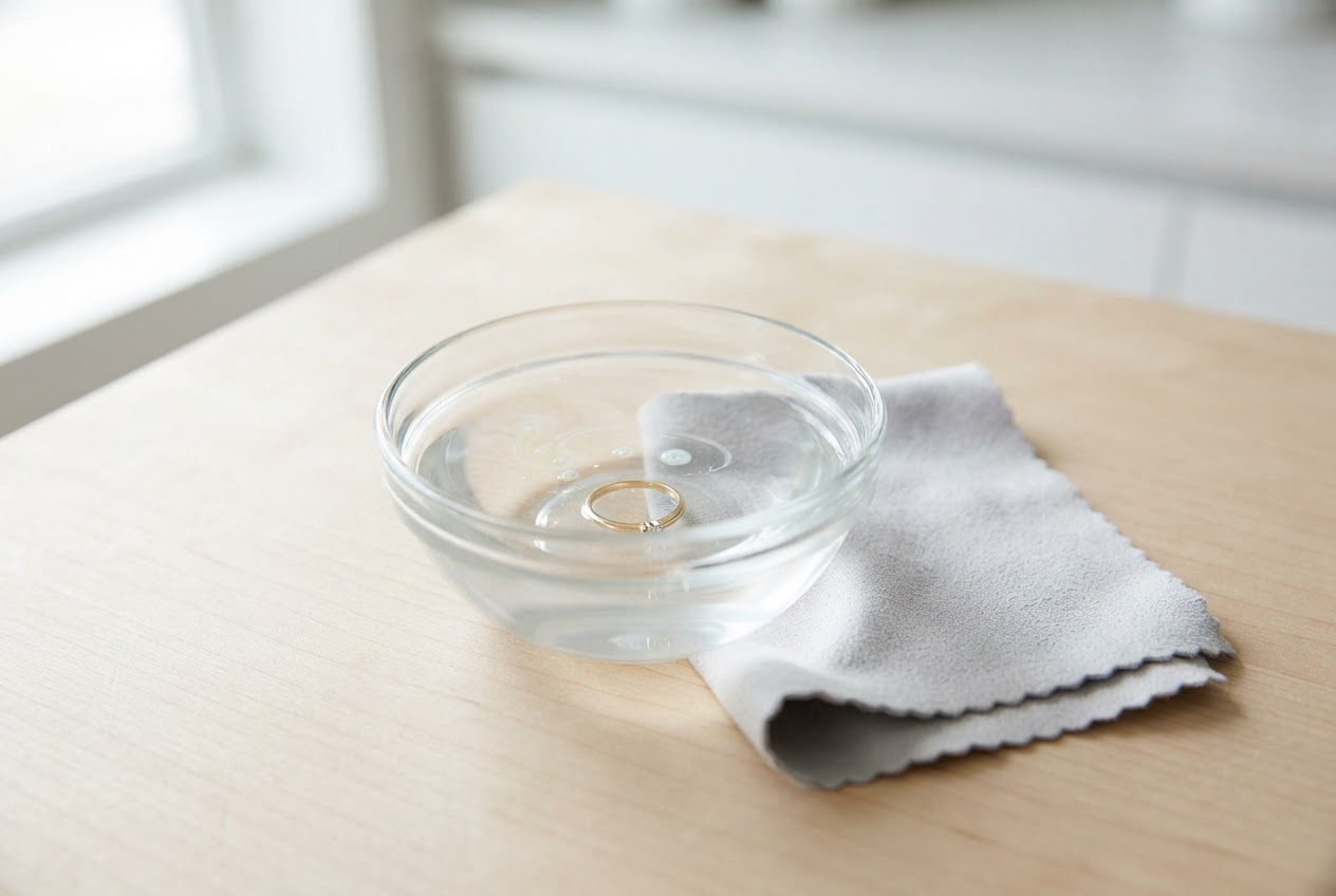 A glass bowl with warm water and a few drops of dish soap, a soft cloth and a gold ring beside it on a table.