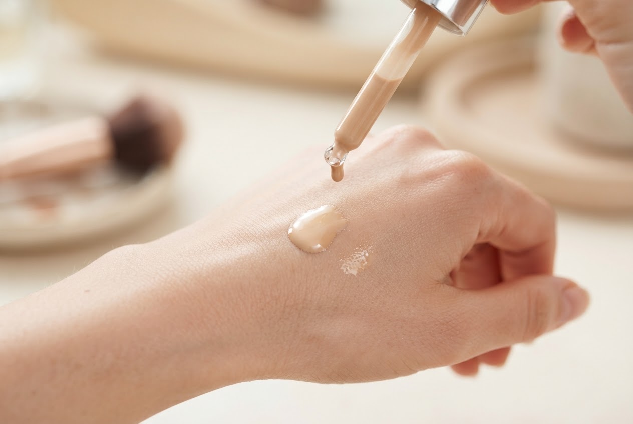 A dropper bottle of serum foundation, with a drop of product on the back of a hand, showing a sheer, dewy finish.
