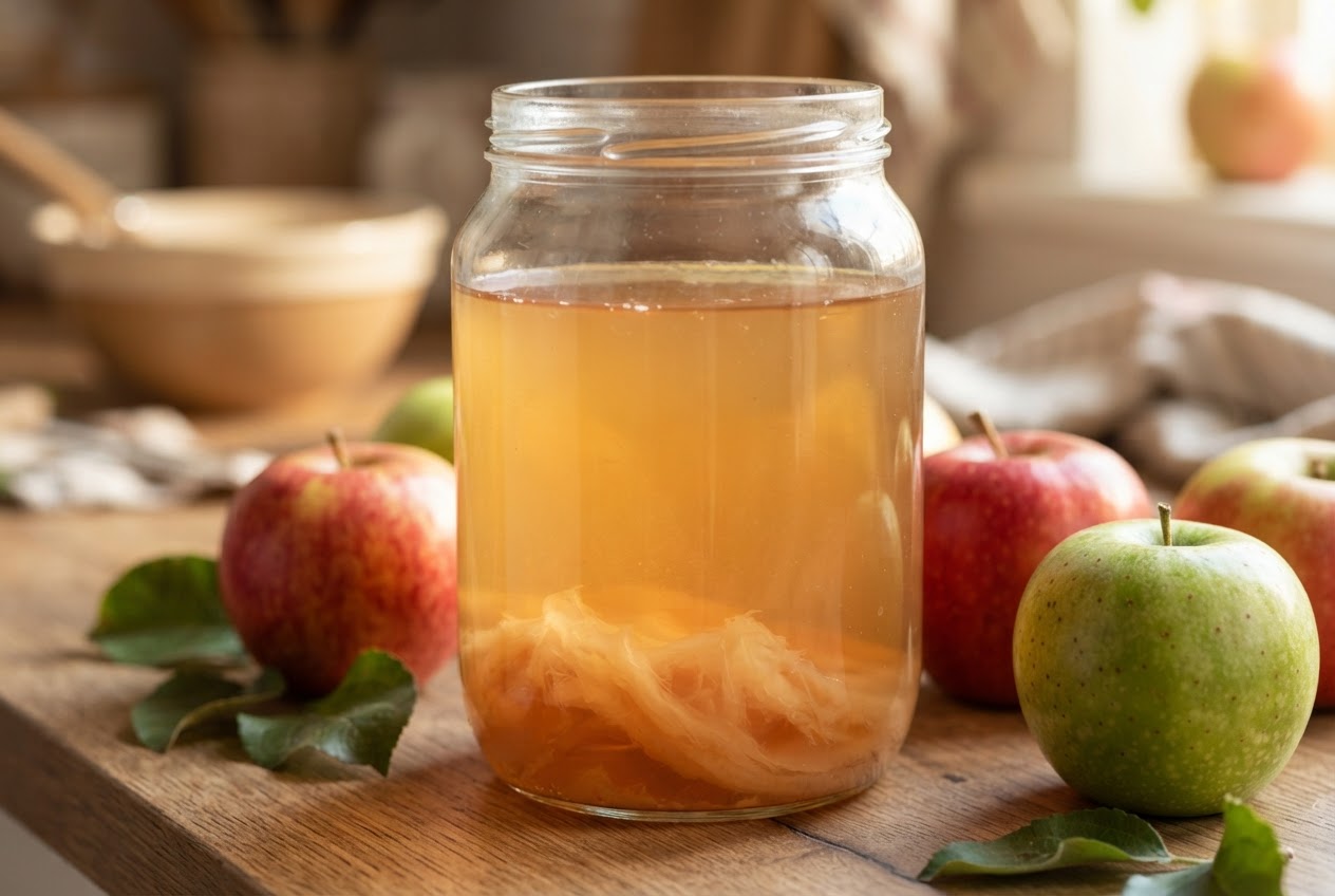 A glass jar of apple cider vinegar with a cloudy mother culture at the bottom, surrounded by fresh apples.