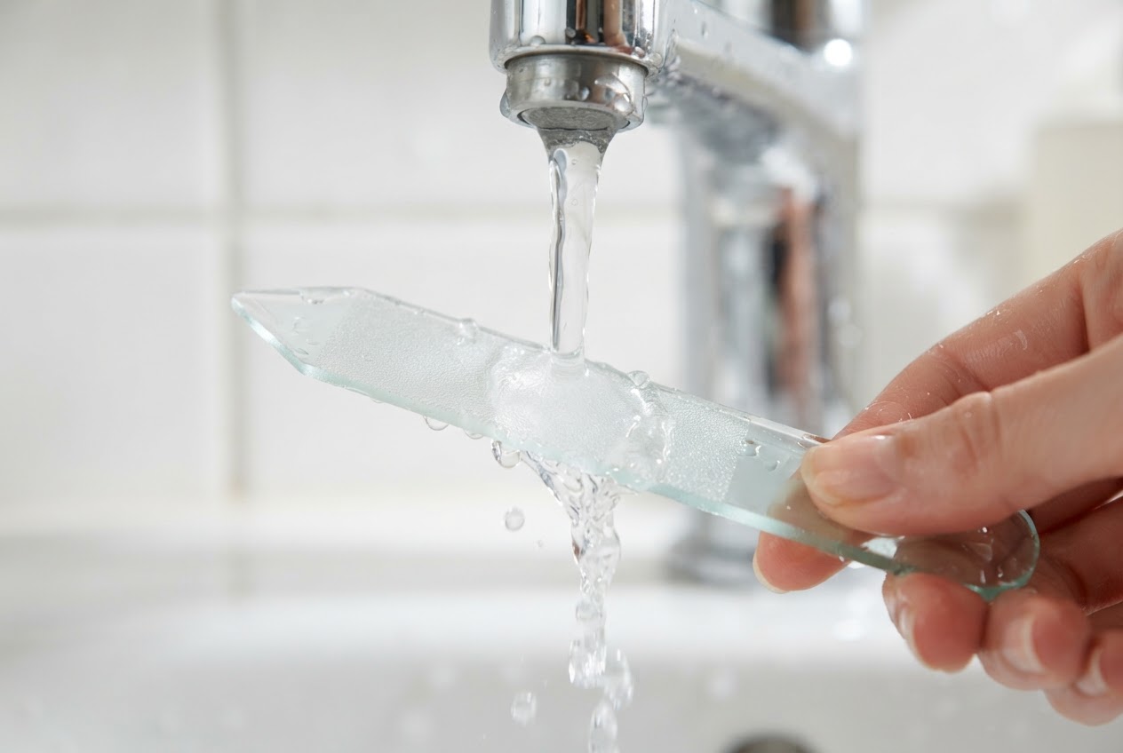 Eine Glasfeile wird unter fließendem Wasser abgespült, Wassertropfen auf der Oberfläche.