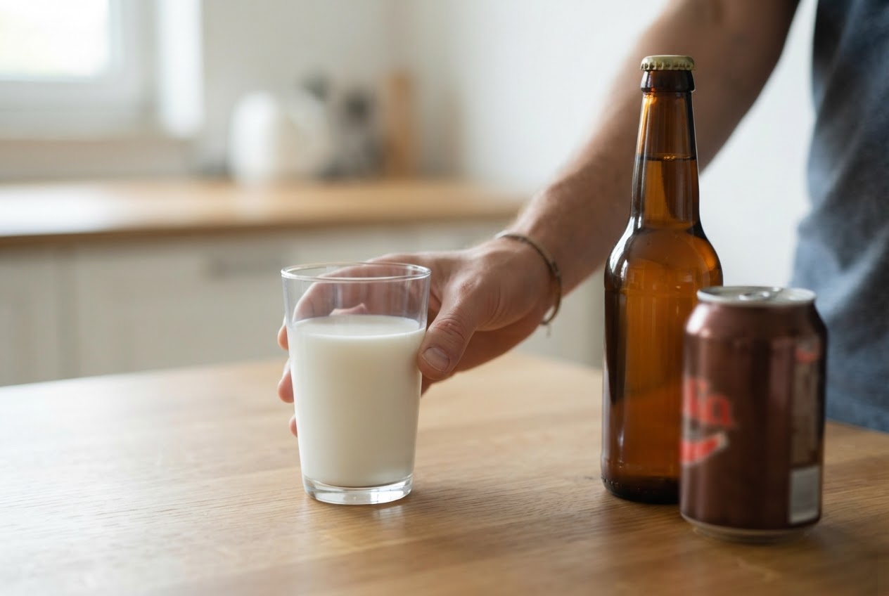 A glass of milk and a bottle of beer and cola on a table, with a person's hand reaching for the milk.