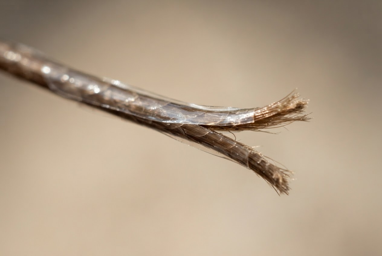 Close-up of a hair strand with visible split ends and a thin transparent coating on the surface.