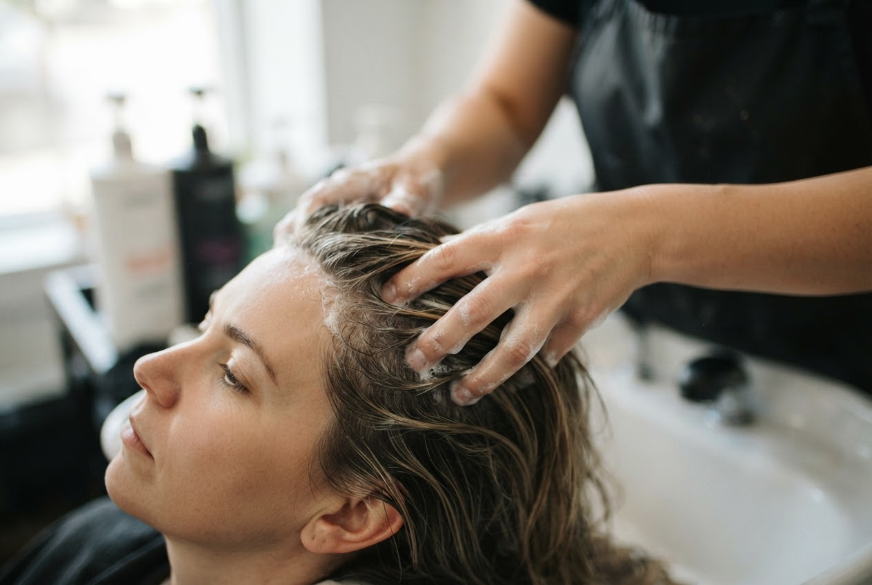 A hairstylist massages shampoo into a client's scalp with fingertips while the hair lengths are lifted.