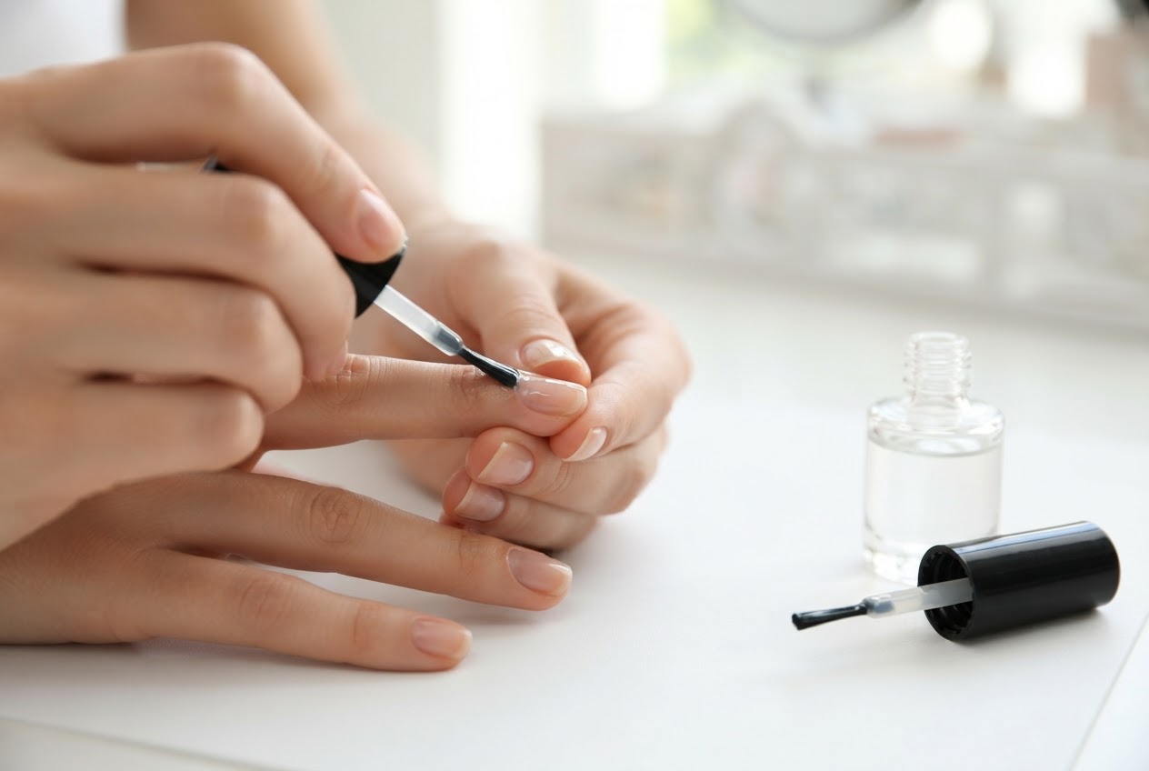 A hand applying a clear base coat to fingernails with a brush, with a bottle of base coat nearby.