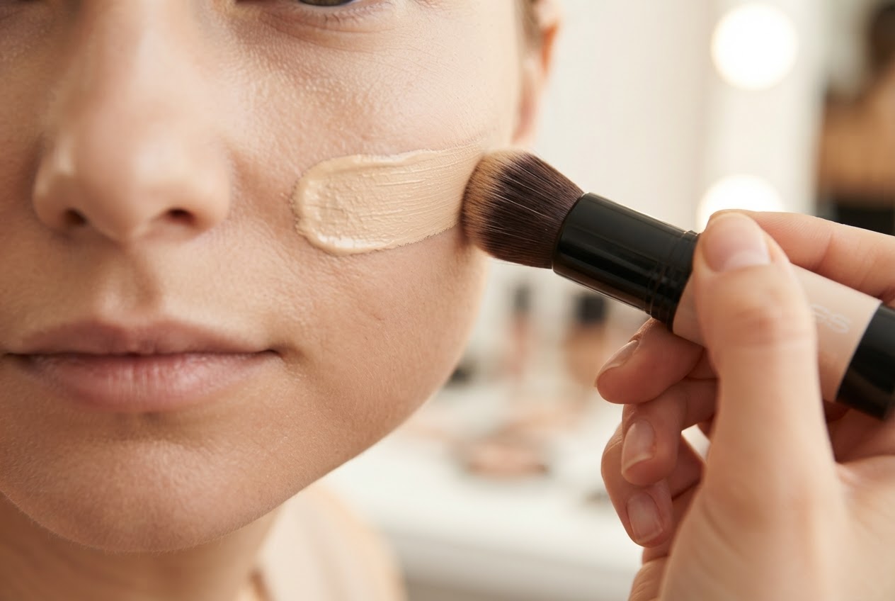 A makeup stick being swiped directly onto a model's cheekbone, with a brush blending the edges.