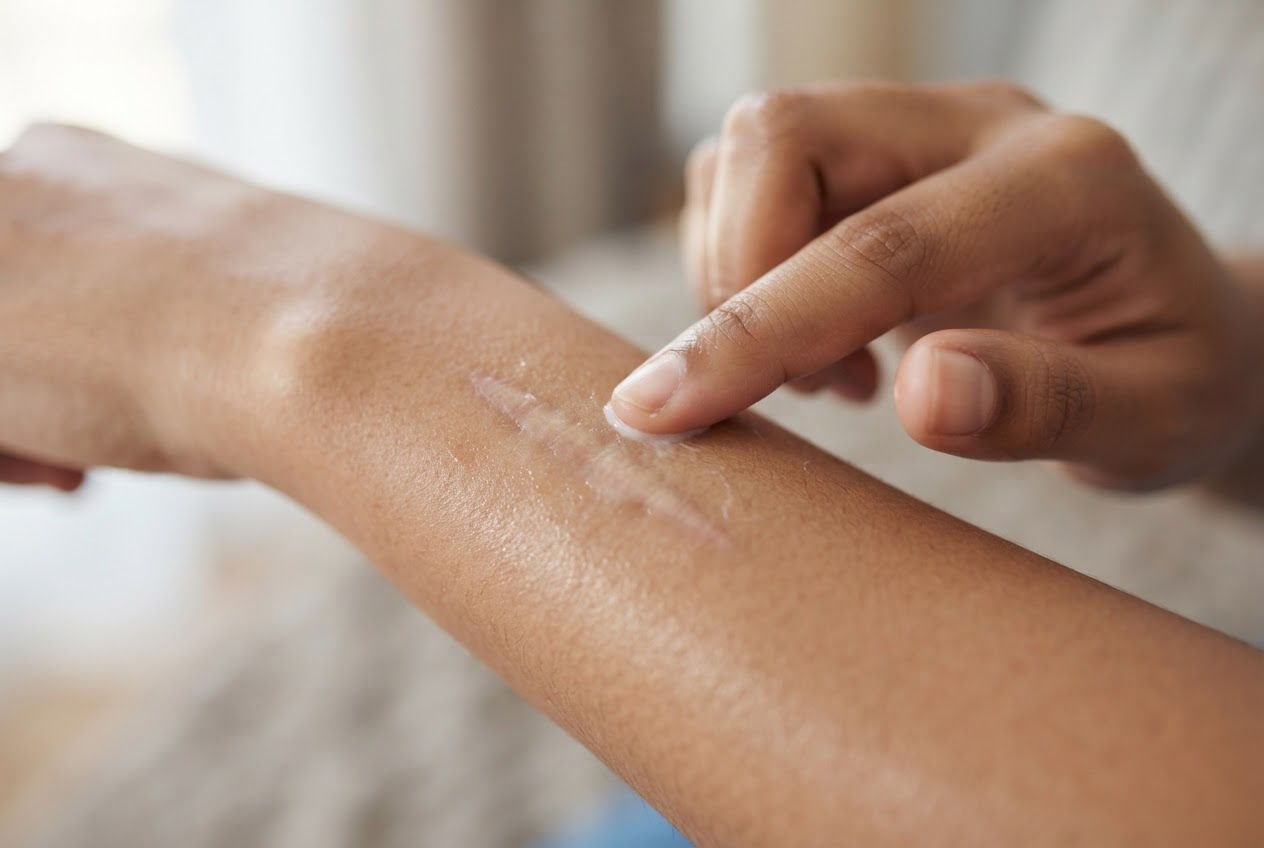 A hand applies moisturizer to the skin around a scar on a forearm.