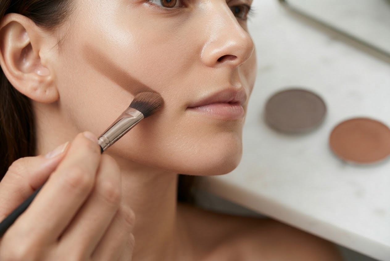 A hand using an angled brush to apply contour powder under the cheekbone, with two powder shades (cool and warm) shown.