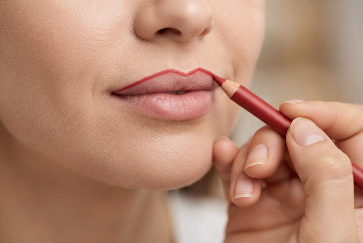 Close-up of a hand using a lipliner to outline the upper lip, with a red lipstick nearby.