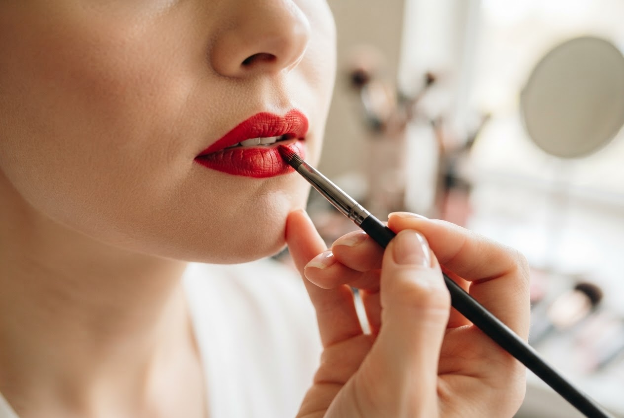 A hand applying red lipstick with a lip brush to a model's lips.
