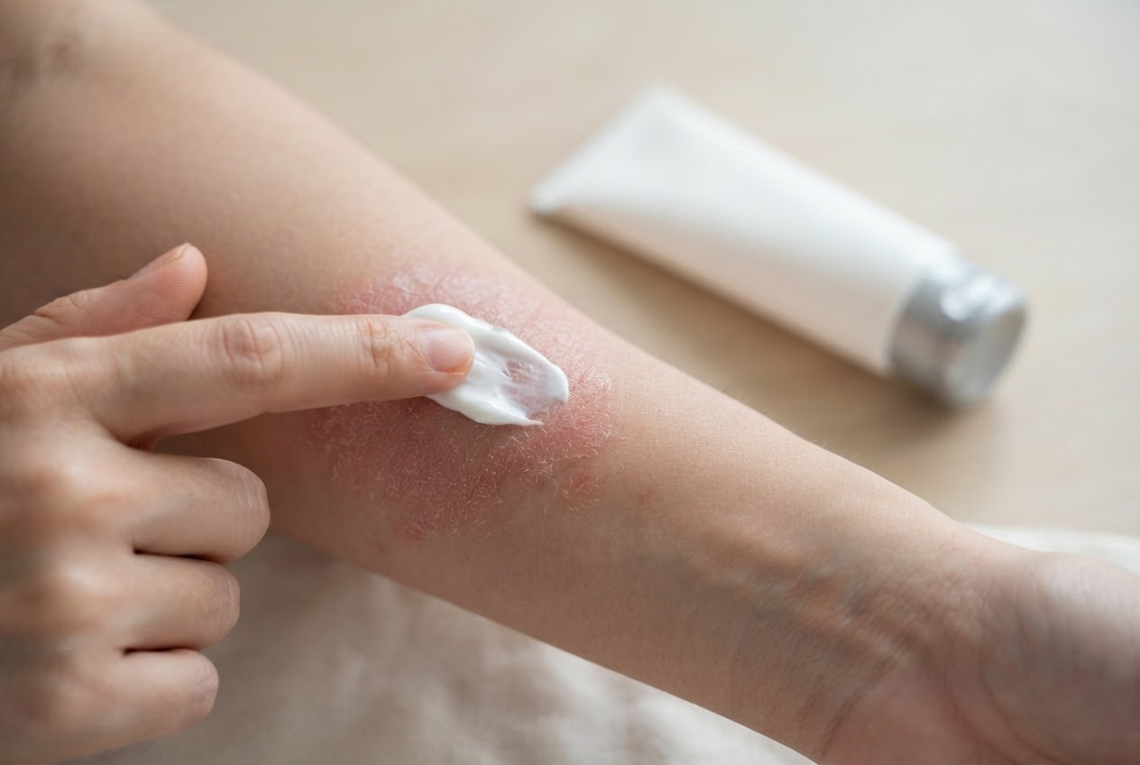 A hand squeezing a small amount of white cream from a tube onto a finger, with a patch of dry skin on the arm.