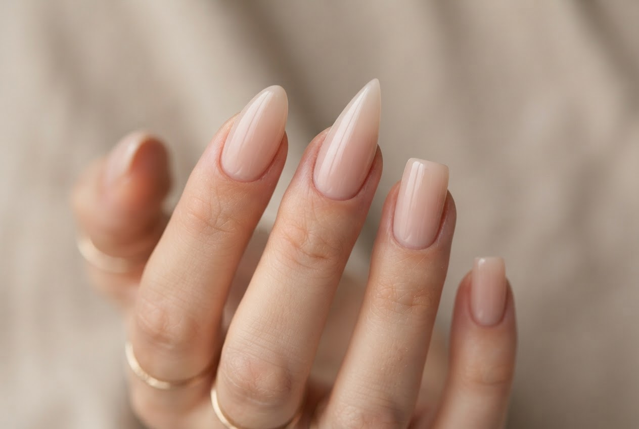 Hand with three different acrylic nail shapes: almond, stiletto, and squoval on separate fingers.