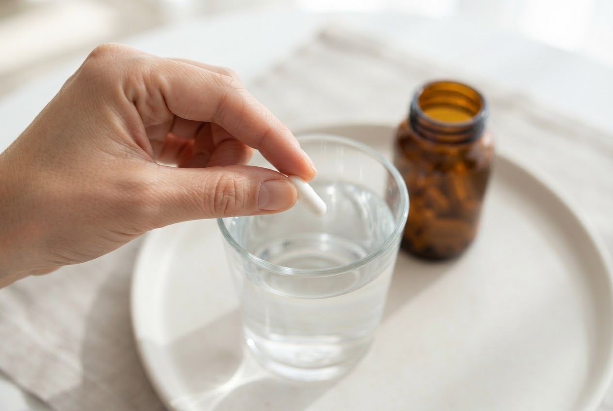 A person's hand taking a supplement capsule from a glass of water, symbolizing the oral supplements studied.