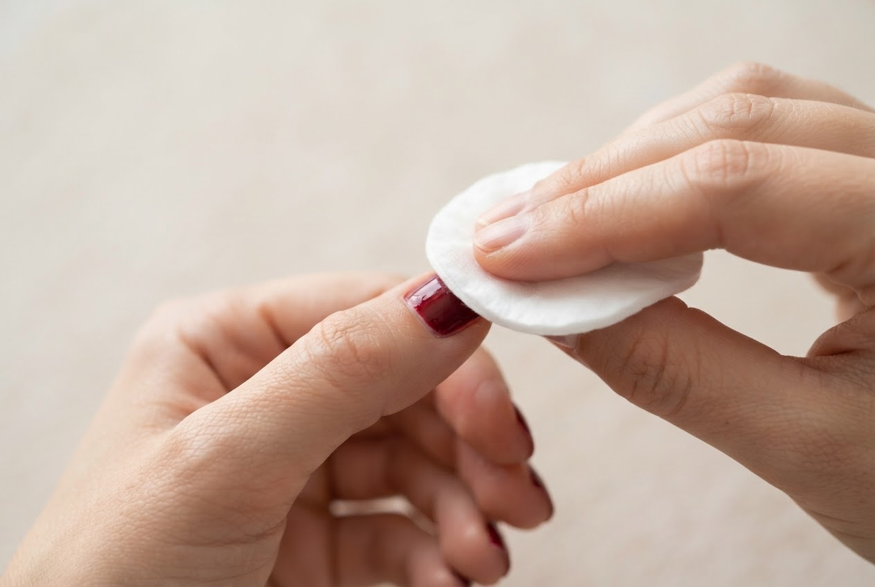 A hand using a cotton pad with acetone-free nail polish remover to gently dab a nail.
