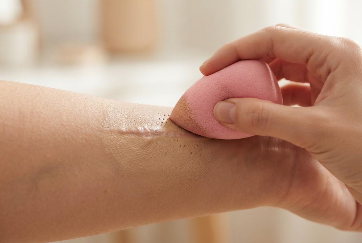 A damp beauty blender taps the edge of a covered scar to blend it into the surrounding skin.
