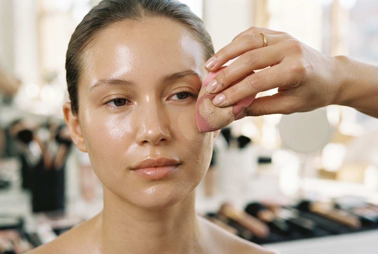 A makeup artist's hand using a damp sponge to press foundation into the skin in a stippling motion, with a close-up of the skin showing a thin, even layer.