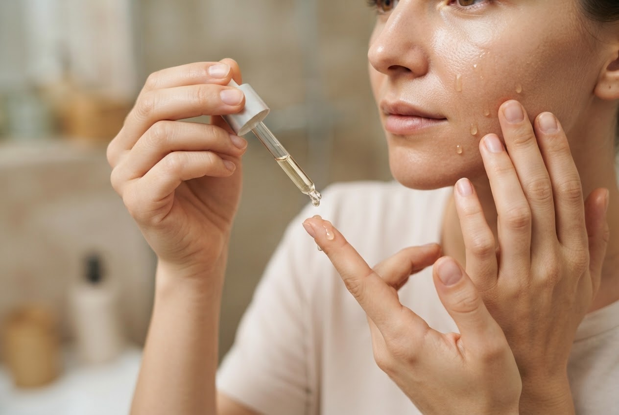 A person applying a few drops of facial oil from a dropper onto their finger, then touching their cheek, with the other side of the face already moisturized.