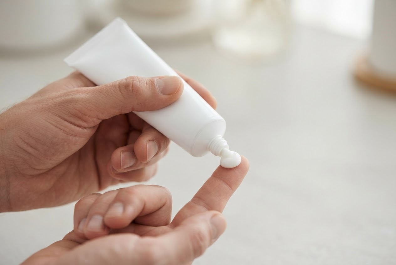 Hand squeezing urea cream from a white tube onto a finger.