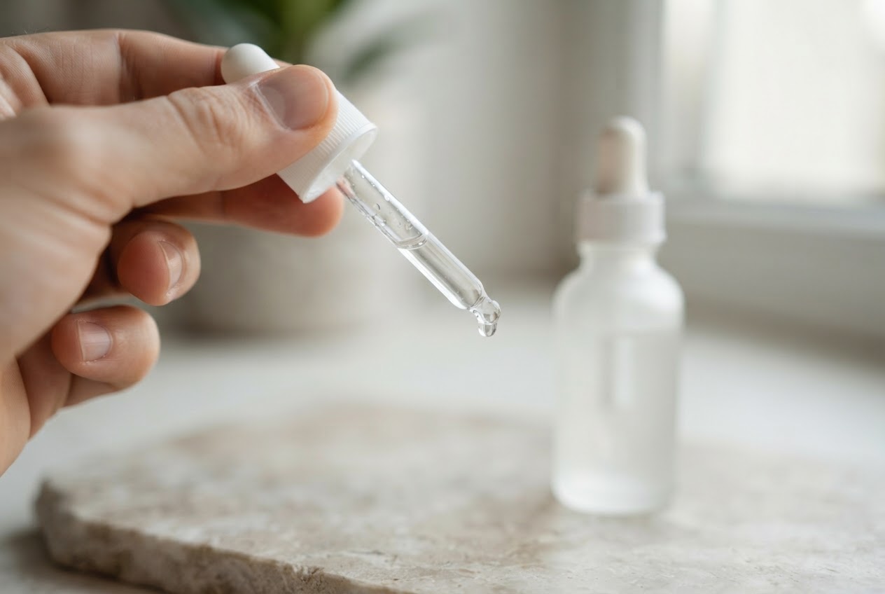 A close-up of a hand holding a dropper with a clear serum, with a blurred product bottle in the background.