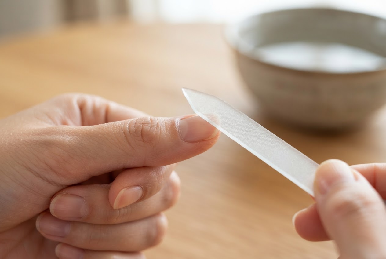 Eine Hand feilt mit einer Glasfeile vorsichtig über einen Fingernagel, die Kante wirkt glatt.