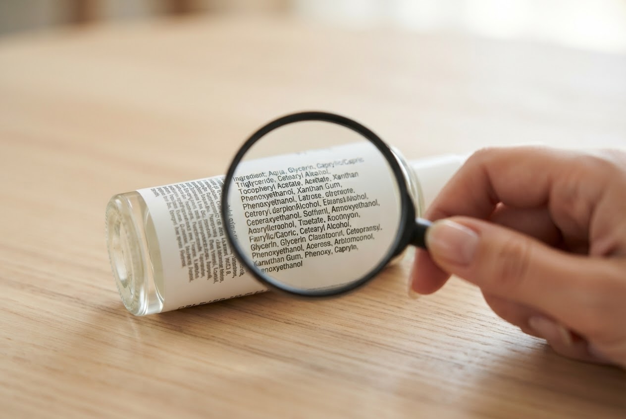 A close-up of a hand holding a magnifying glass over the ingredient list on the back of a cosmetic bottle.