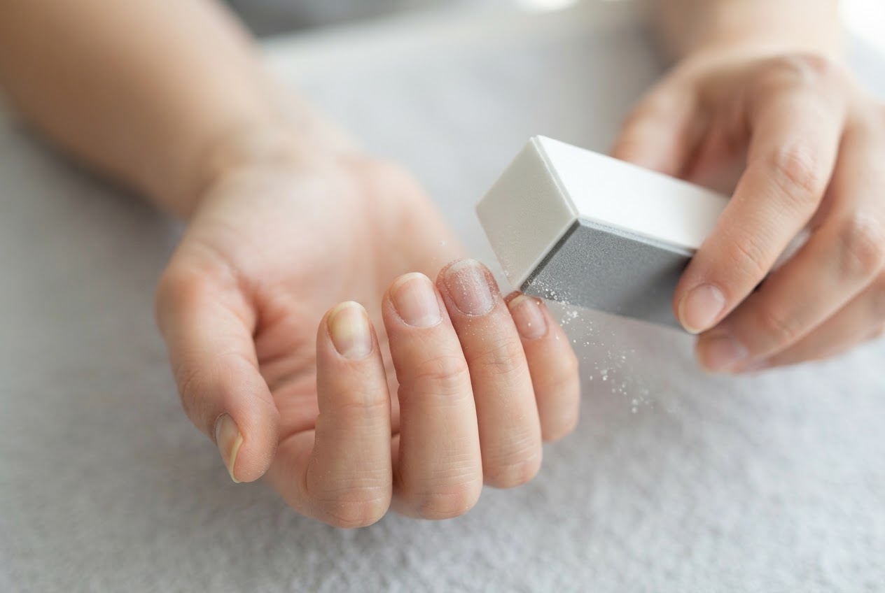 A hand using a nail buffer on fingernails, with a close-up of the buffer's surface.