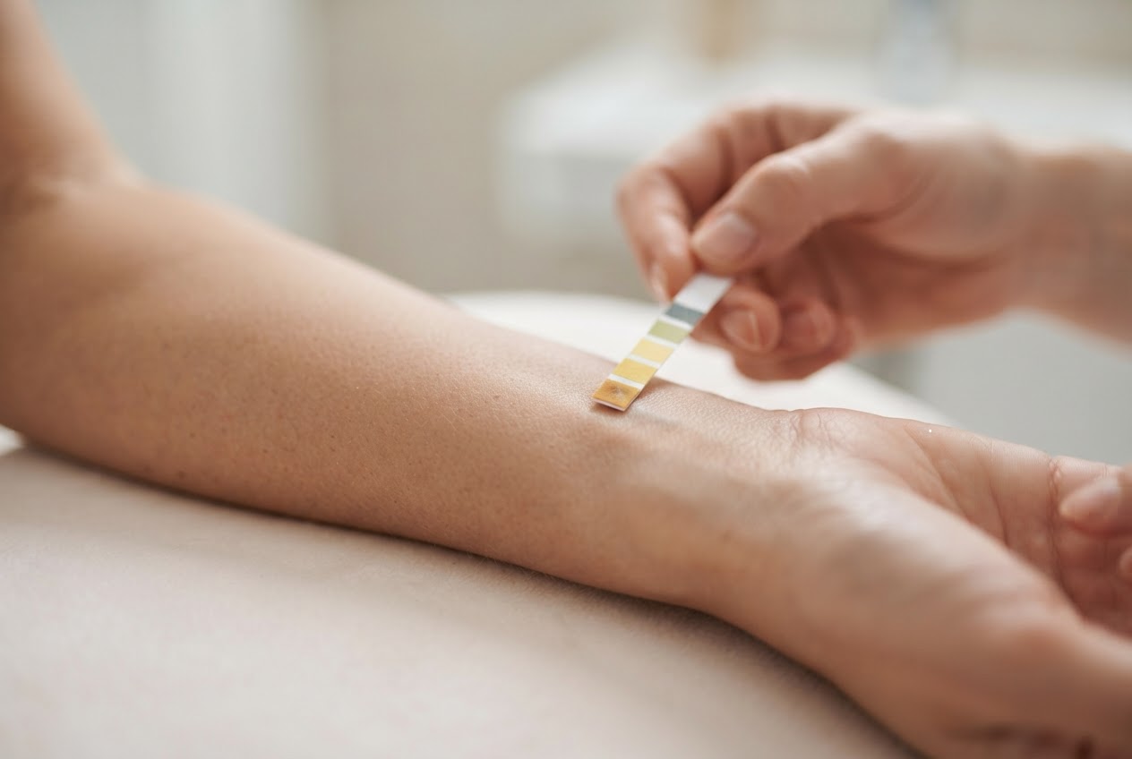 A close-up of a hand holding a pH test strip showing a value around 5.5 next to a person's forearm.